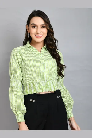 DressBerry Women Checked Puff Sleeve Cotton Shirt Style Crop Top