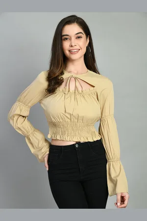 DressBerry Women Tie-Up Neck Bell Sleeves Blouson Crop Top