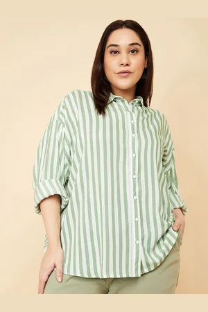 Max Collection Women Plus Size Spread Collar Vertical Striped Cotton Casual Shirt