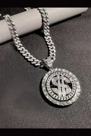 Krelin Men Sterling Silver-Plated Cubic Zirconia Studded Bling Dollar Pendant With Chain