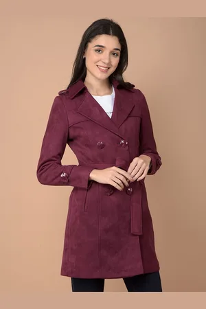 Crimsoune Club Women Wine Double-Breasted Overcoat With Belt
