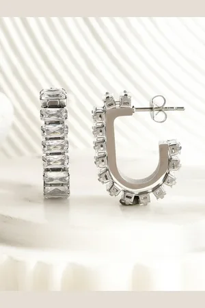 AQUASTREET 18K Silver Plated Waterproof Antitarnish White Zircon Hoops Earrings
