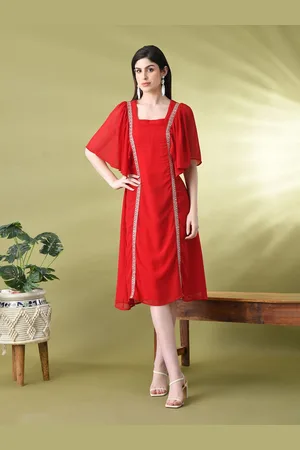 Sangria Square Neck Short Sleeve A-Line Dress