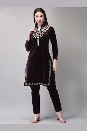 FNOCKS Floral Embroidered Mandarin Collar Thread Work Velvet Straight Kurta With Trouser