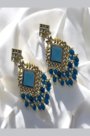 AccessHer Brass-Plated Artificial Stones Studded And Beaded Geometric Shaped Drop Earrings