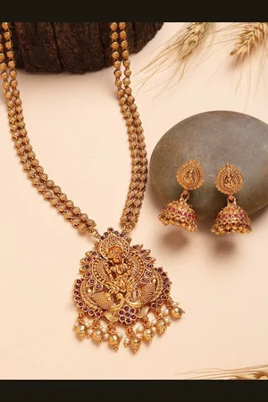 karatcart Gold-Plated Kundan Studded Laxmi Mata Temple Necklace and Earrings