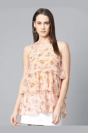 Jompers Women Peach-Coloured & Grey Printed Tiered Top