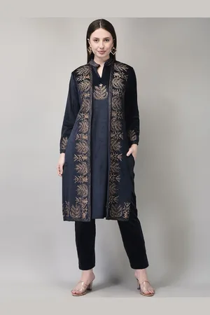 FNOCKS Floral Embroidered Mandarin Collar Thread Work Velvet Straight Kurta With Trousers