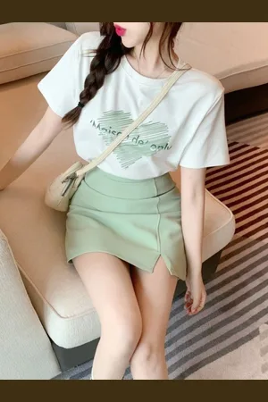 HERE&NOW Green Printed Round Neck Top With Skirt