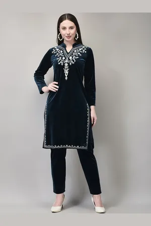 FNOCKS Floral Embroidered Mandarin Collar Thread Work Velvet Straight Kurta With Trouser