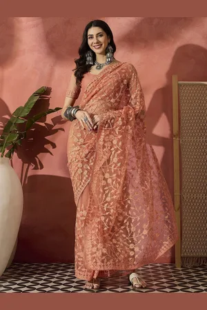 Sangria Women Embroidered Net Saree With Unstitched Blouse