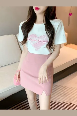 HERE&NOW Printed Round Neck T-Shirt With Skirt
