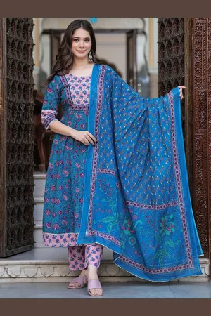 ERISHA Ethnic Printed Pure Cotton Gotta Patti Anarkali Kurta With Trousers & Dupatta