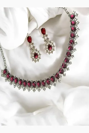 AccessHer Silver Plated American Diamond Studded Necklace and Earrings With Maang Tika