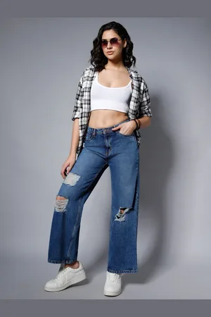High Star Women Wide Leg Mid-Rise Highly Distressed Light Fade Whiskers Pure Cotton Jeans