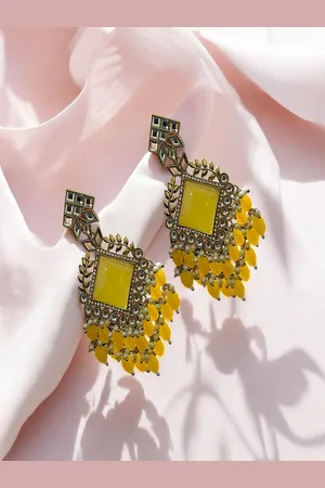 AccessHer Brass-Plated Artificial Stones Studded And Beaded Geometric Shaped Drop Earrings