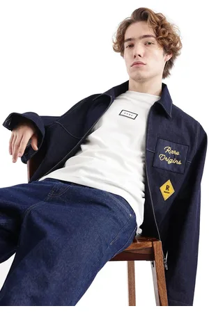RARE RABBIT Men Spread Collar Typography Printed Cotton Casual Denim Jacket