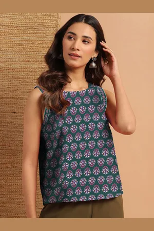 Janasya Floral Print Cotton Top