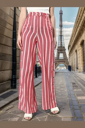 DressBerry Women Cotton Striped Mid-Rise Relaxed Fit Bootcut Trousers
