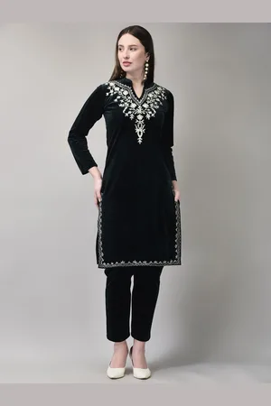 FNOCKS Floral Embroidered Mandarin Collar Thread Work Velvet Straight Kurta With Trouser