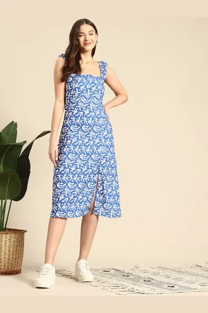 Mast & Harbour Smocked Printed Sheath Midi Dress
