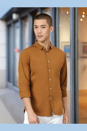 Dennis Lingo Men Brown Slim Fit Cotton Solid Casual Shirt