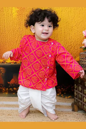 BownBee Boys Bandhani Printed Round Neck Pure Cotton Straight Kurta With Dhoti Pants