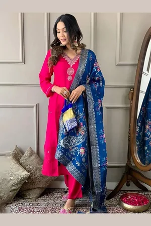 ASCIIBLUES Women Floral Embroidered Regular Kurta with Trousers & With Dupatta