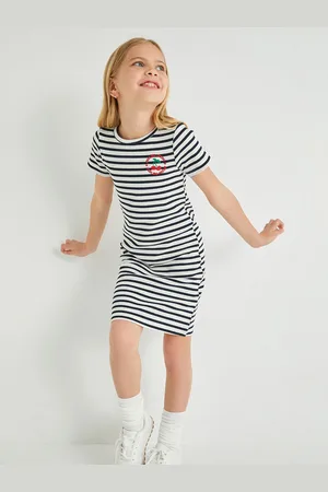 Koton Girls Striped Round Neck Short Sleeves Polyester Casual T-shirt Above Knee Dress