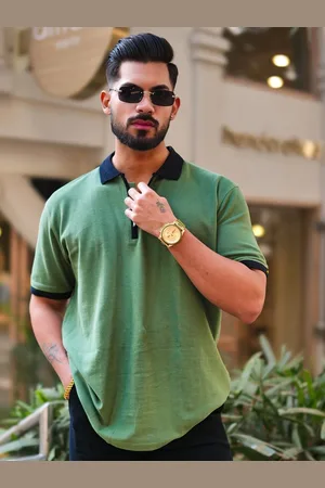 Maniac Men Solid Polo Collar Cotton Oversized T-shirt