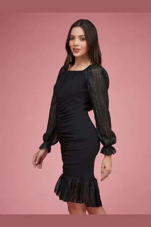 Miss Chase Women Ruching Ruffle Bodycon Midi Dress
