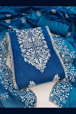 HERE&NOW Floral Embroidered Thread Work Chanderi Cotton Unstitched Dress Material