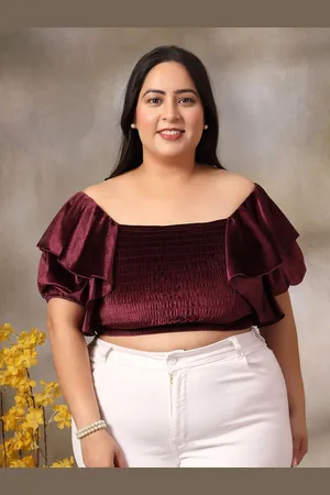 KASSUALLY Women Flared Sleeve Smocked Velvet Crop Top