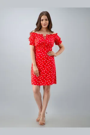 DressBerry Polka Dot Print Off-Shoulder Crepe A-Line Dress