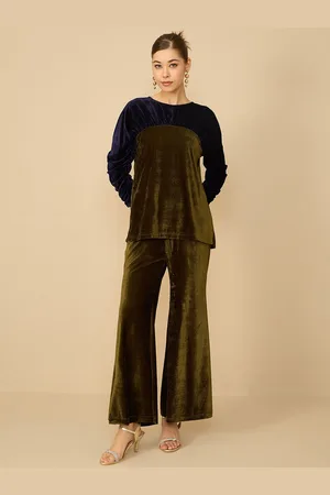 Antheaa Olive Green Colourblocked Velvet Top With Trousers