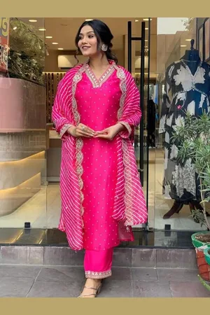 Lookmark Bandhani Printed V-Neck Sequinned Straight Kurta With Trouser And Dupatta