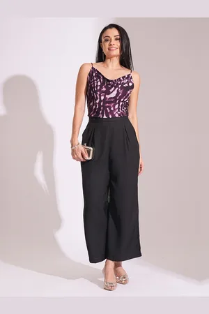 Globus Women Black High-Rise Pleated Back Frilled Waist Wide Leg Workwear Trousers