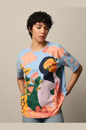 ONLY Women Abstract Printed Round Neck Cotton Oversized T-shirt