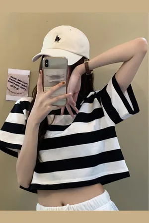 DressBerry Women Striped Mandarin Collar Extended Sleeves Applique T-shirt