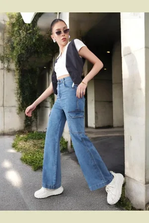 DOLCE CRUDO Women Wide Leg High-Rise Mildly Distressed Light Fade Stretchable Jeans