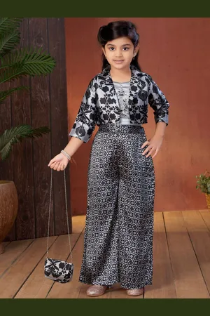 Sangria Girls Black Floral Printed Top with Palazzos & Jacket