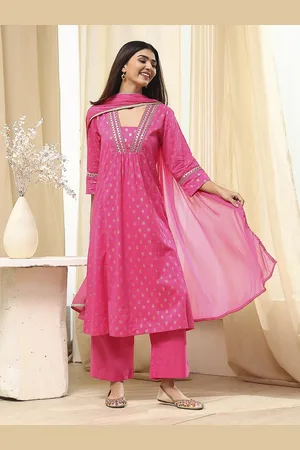 Biba Women Floral Printed Regular Thread Work Pure Cotton Kurta with Palazzos & With Dupatta