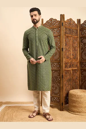 SWAGG INDIA Geometric Printed Thread Work Mandarin Collar Straight Kurta