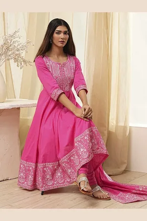 Biba Women Floral Embroidered Regular Thread Work Pure Cotton Kurta with Churidar & With Dupatta