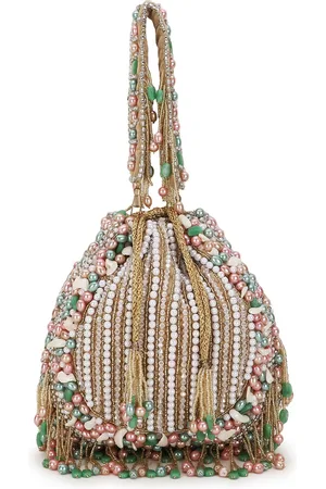 Anekaant Women Beige & White Embellished Tasselled Potli Clutch