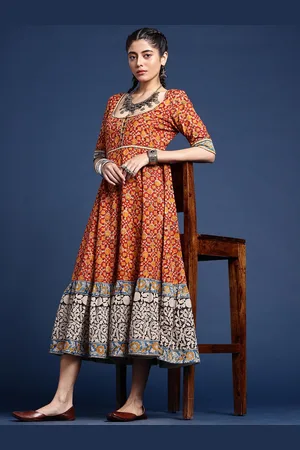 Taavi Floral Printed Gathered or Pleated Kalamkari Ethnic Dresses