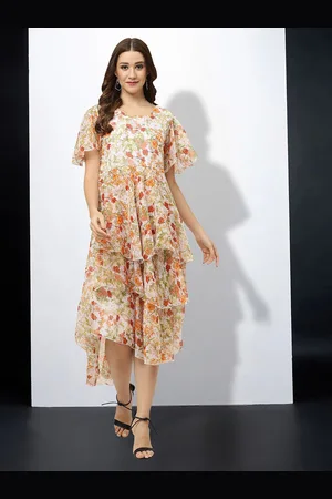 MISS AYSE Women Cotton Floral Printed Layered Flared Sleeves Fit & Flare Midi Dress
