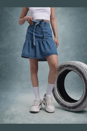Roadster The Life Co. Washed Effect Bow-Detail Pure Cotton Tiered Denim A-Line Skirt