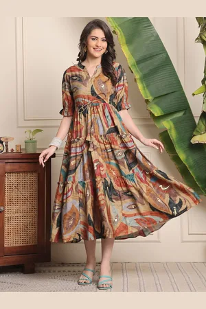 Claura Women Mandarin Collar Puff Sleeve Fit and Flare Midi Dress