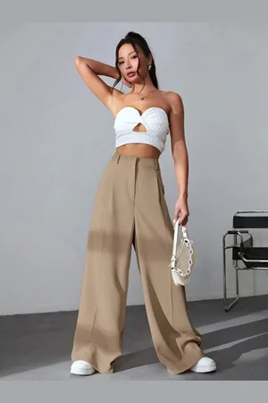 Broadstar Women Smart Baggy Fit High-Rise Stretchable Wide Leg Parallel Trousers